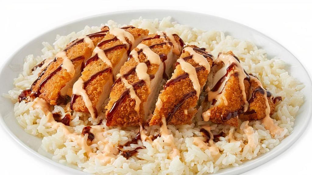 Chicken Katsu · Breaded chicken cutlet served with steamed rice, drizzled with katsu sauce and spicy mayo. 1319 cal.