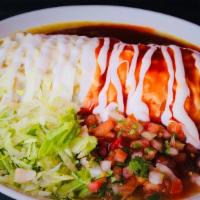 Wet Burrito · Choice of green or red salsa, beans, rice, choice of meat.