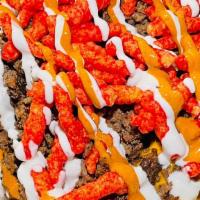 Hot Cheetos Fries · Choice of meat, nacho cheese, Hot Cheetos, sour cream, chipotle sauce.