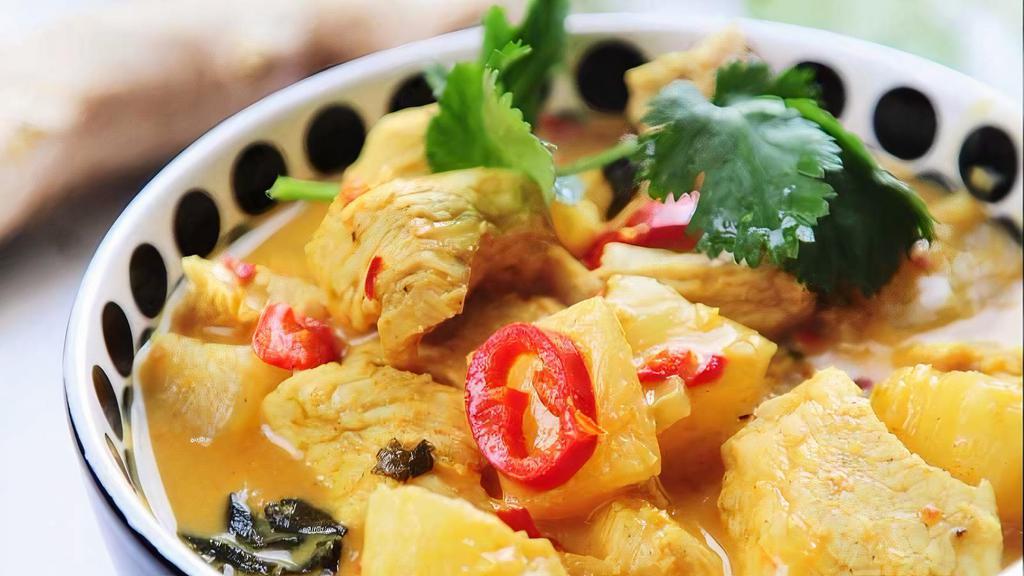 L-3. Pineapple Curry · Choice of meat with pineapple, bell pepper, and basil in curry paste and coconut milk.