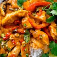Red Curry · Choice of meat with bamboo shoot, and carrot in red curry paste and coconut milk.