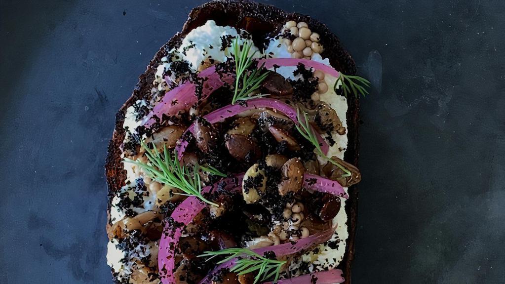 Mushroom + Ricotta Toast · Homemade ricotta cheese with oyster mushrooms, pumpkin seeds, mustard seeds, picked red onions on Clark Street Country sourdough toast