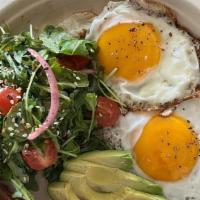 Protein Breakfast Plate · Two slices of bacon or turkey sausage, two eggs (any style), avocado and arugula salad