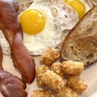 All Good Breakfast Plate · Two slices of bacon or turkey sausage, two eggs (any style), tater tots and a slice of Clark...