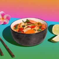 Vegan Red Curry · Red chili paste with bamboo shoots, bell peppers and basil in coconut milk.