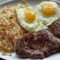 Steak Eggs  · 6 oz. skirt steak steak, two eggs any style , served with cheesy hash browns