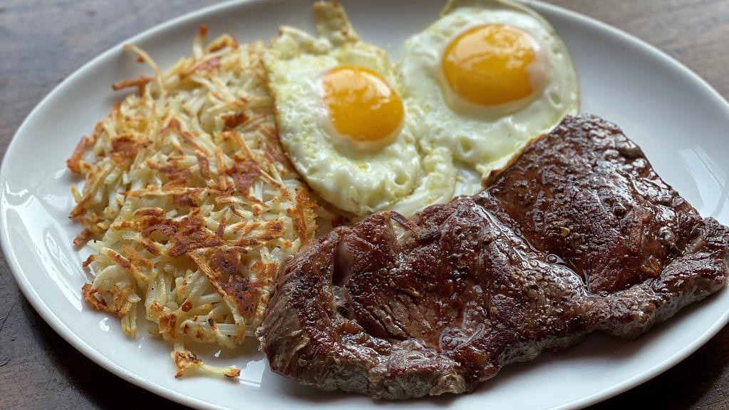Steak Eggs  · 6 oz. skirt steak steak, two eggs any style , served with cheesy hash browns