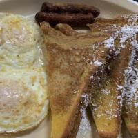 French Toast Combo · Thick slices of golden egg bread dipped in egg butter and grilled to perfection and dusted w...