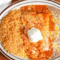 Enchiladas De Pollo · 2 enchiladas filled with shredded chicken, then covered with Colorado sauce and melted chees...