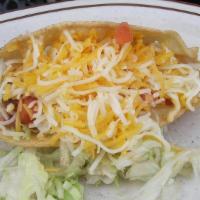 Crispy Taco · choice of shredded chicken, shredded beef or ground beef. Lettuce, tomatoes, tomato sauce an...