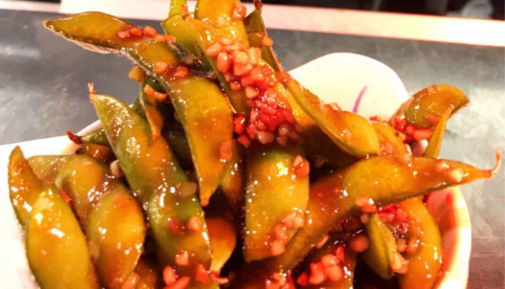 Garlic Edamame · Stir fried with Garlic Sauce (Spicy available upon request)