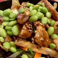 Teriyaki Chicken Salad · Teriyaki Chicken Breast on Spring Mix, served w/ shredded Carrots & Beets, Edamame, Wont...