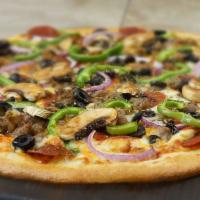 Supreme Pizza (Large) · Pepperoni, sausage, beef, black olives, mushrooms, red onions, and green peppers.