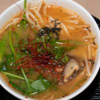 Spicy Miso Ramen · Homemade vegetarian stock, miso, chili, garlic, ginger, topped with spinach, shitake mushroo...
