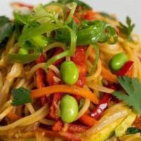 Stir Fry Pasta · Edamame, red bell pepper, carrots, onion, zucchinis, chili in sweet-soy sauce, topped with c...
