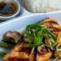 Ponzu Salmon · Grilled salmon brushed with sweet ponzu, served with steamed asparagus and sliced shiitake m...