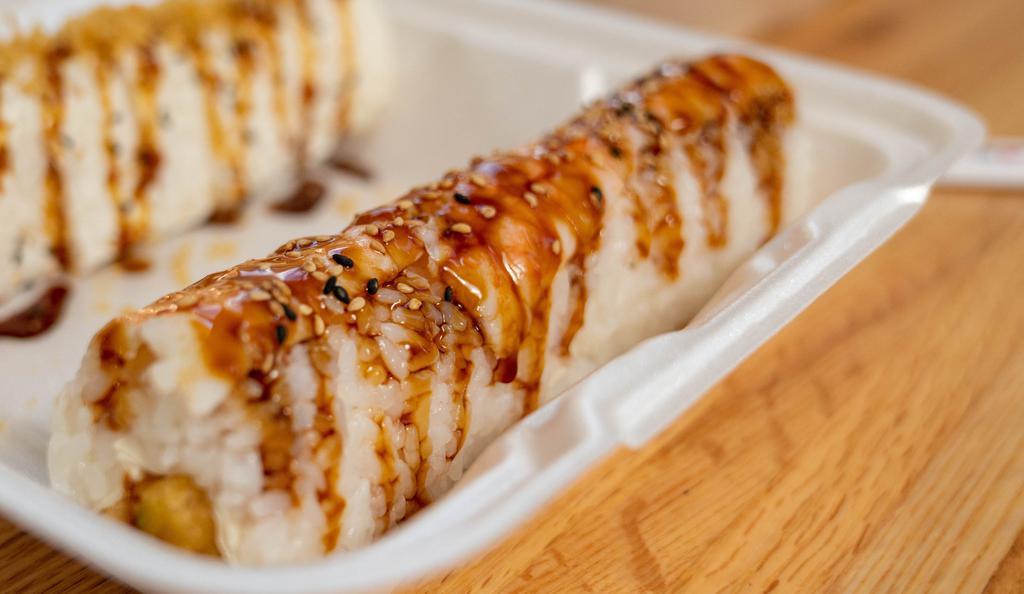 Jojo Roll · Shrimp tempura and crab salad wrapped with soy paper topped with cooked shrimp and teriyaki sauce