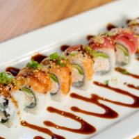 Rainbow Roll · California roll topped with seven different fish and teriyaki sauce.