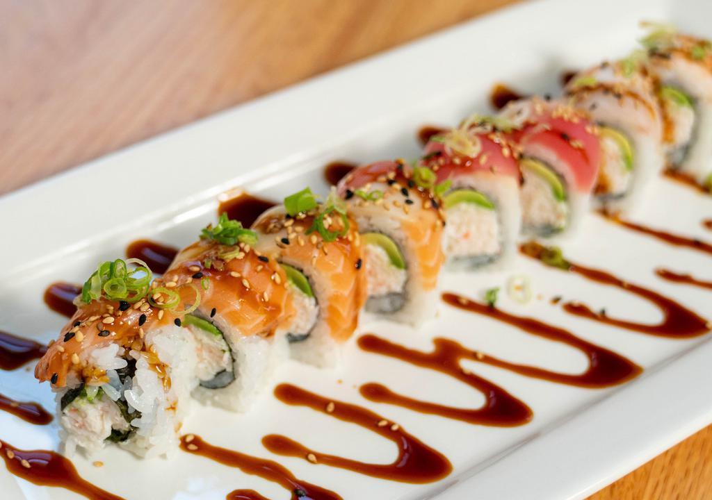 Rainbow Roll · California roll topped with seven different fish and teriyaki sauce.
