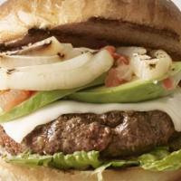The Southwestern Burger · Beef patty with crisp bacon, avocado, sliced jalapenos, mayo, and melted pepper jack cheese ...