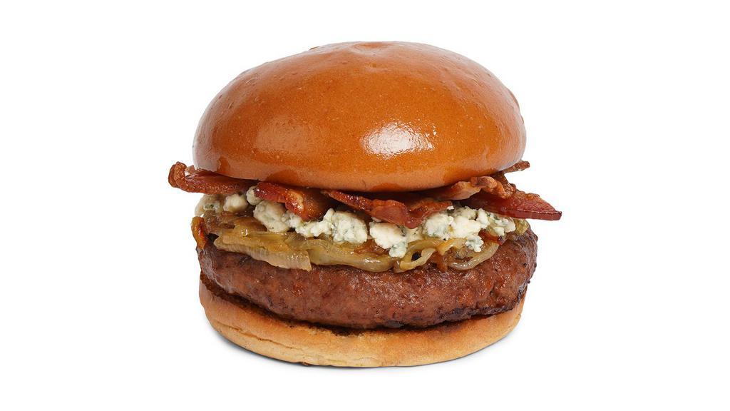 The Moody Blues Burger · Beef patty with crisp bacon, caramelized onions, mayo, and blue cheese crumbles on a fluffy brioche bun. Served with fries.