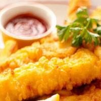 Fish And Chips · Hand battered Louisiana Fried Catfish served on a bed of fries with Buttered garlic roll.