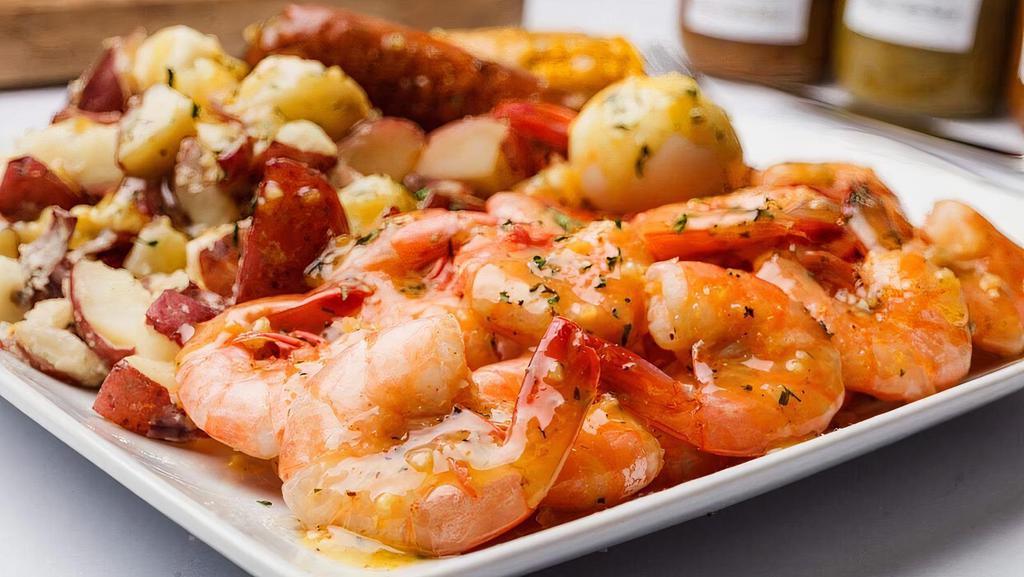 Large Shrimp · 20 Shrimps, 1 Corn, Egg, Sausage and Potatoes.  Large Portions! Plated for You to Enjoy!