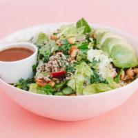 The Sunflower Salad · alfalfa mix [butter lettuce, chopped romaine, shredded kale], avocado, walnuts, garbanzo bea...