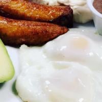 Desayuno Típico Especial · Two eggs with side of asado chorizo, casamiento, avocado y platano.