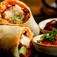 Shrimp Burrito · Hearty prawns, pico de gallo, cabbage, Spanish rice, beans, and sour cream wrapped in a larg...