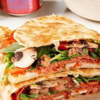 Calabria Sandwich · Spicy soppressata, mozzarella, arugula, tomatoes, red peppers, and mushrooms.