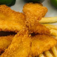 Fish (Eight Pieces) And Chips · Breaded white fish fillet.