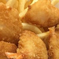 Fish (Four Pieces) And Shrimp (Eight Pieces) And Chips · Breaded white fish fillet.
