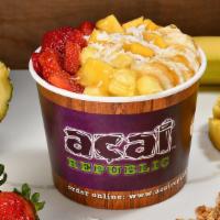 The Cali Acai Bowl · Blend: acai, pineapple, strawberries, mango, peach, passion fruit, guarana.
Topping: granola...