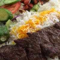 Barg Kabob · Thin sliced prime sirloin steak skewered and charbroiled to perfection.