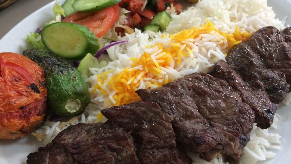 Barg Kabob · Thin sliced prime sirloin steak skewered and charbroiled to perfection.
