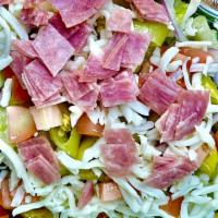 Antipasto Salad · Freshly chopped romaine tossed in our house made balsamic dressing topped with onions, tomat...
