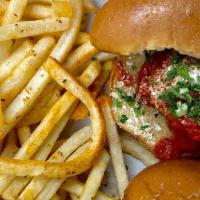 Meatball Sliders · Ground beef and pork meatballs tossed with marinara sauce, parmesan cheese and basil. Served...