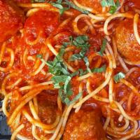 Spaghetti And Meatballs · Classic spaghetti served with homemade marinara sauce and ground beef and pork meatballs |Se...