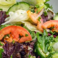 Garden Salad · Fresh mixed greens, fresh cucumbers, tomatoes, onions, garnished with parsley, our special d...