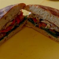 Vegan Ciabatta · Homemade Ciabatta Bread / Mushroom, Spinach, Roasted Red Peppers, Red Onion, Tomato / (Fresh...