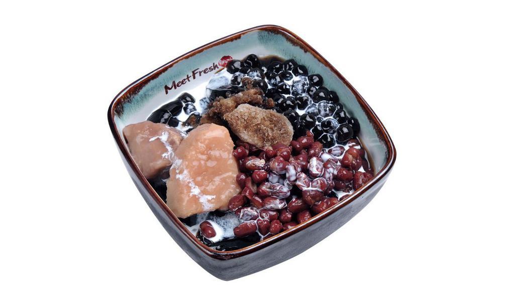 Grass Jelly Number B · Cold. Includes red beans, rice balls, boba, grass jelly, and grass jelly shaved ice. Served with 1 complimentary creamer.