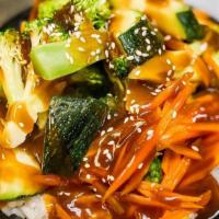 Veggie · Steamed Broccoli, Zucchini and Carrots drizzled with teriyaki sauce over rice