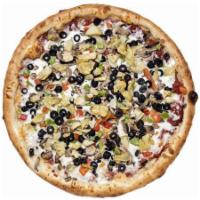 Vegetarian · Artichoke with peppers, black olives and mushrooms.