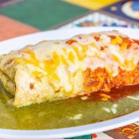 Wet Burrito · Choice of Meat, rice beans, onions, cilantro, salsa, guacamole sauce, melted cheese. Choice ...