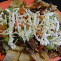 Super Nachos · Carne Asada, beans, cheese, guacamole, sour cream, onions, tomatoes.