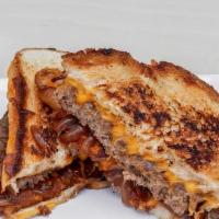 Burger Grilled Cheese · No one should EVER have to choose between a burger and a grilled cheese. Melted cheddar chee...