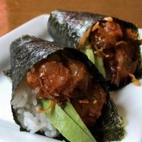 Chef'S Handroll · Spicy salmon, jalapeño, crispy onion, garlic chili oil, sesame oil, green onion, avocado, an...
