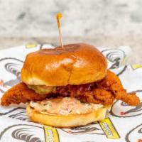 Hot Chicken Slider · Chicken sandwich with coleslaw, pickles, and special sauce.