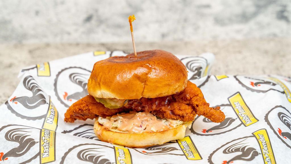 Hot Chicken Slider · Chicken sandwich with coleslaw, pickles, and special sauce.